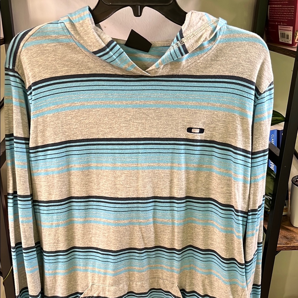 Oakley Light Blue and Gray Striped Hoodie